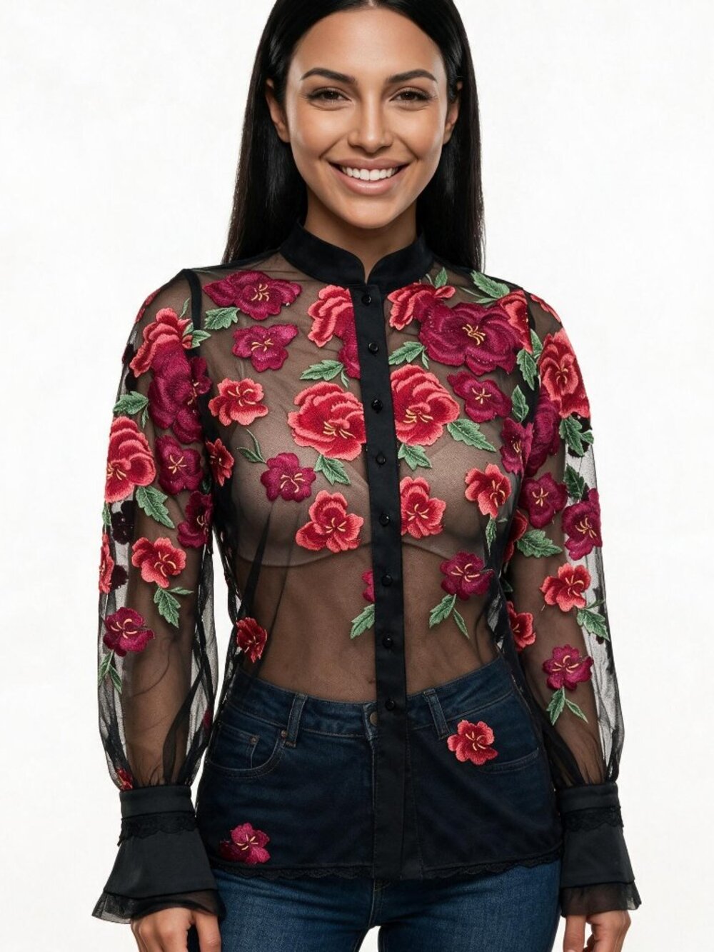 Michal Negrin Sheer Black Swarovski Crystal Red & Pink Floral Embroidered Blouse